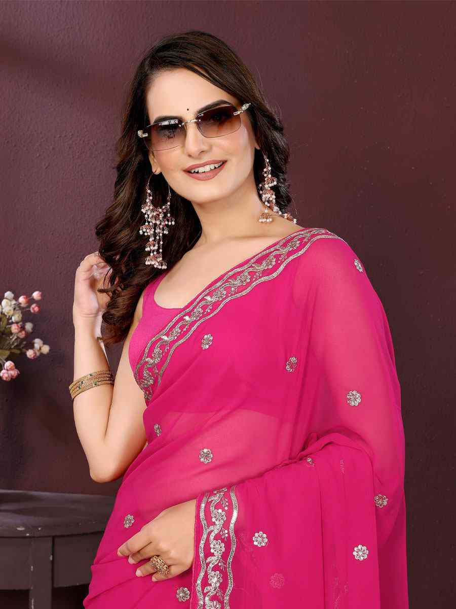 Pink Georgette Embroidery Party Bridal Reception Festival Wedding Fancy Heavy Border Saree