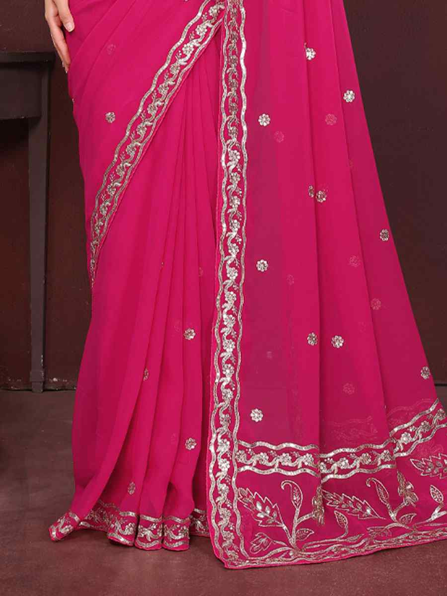 Pink Georgette Embroidery Party Bridal Reception Festival Wedding Fancy Heavy Border Saree