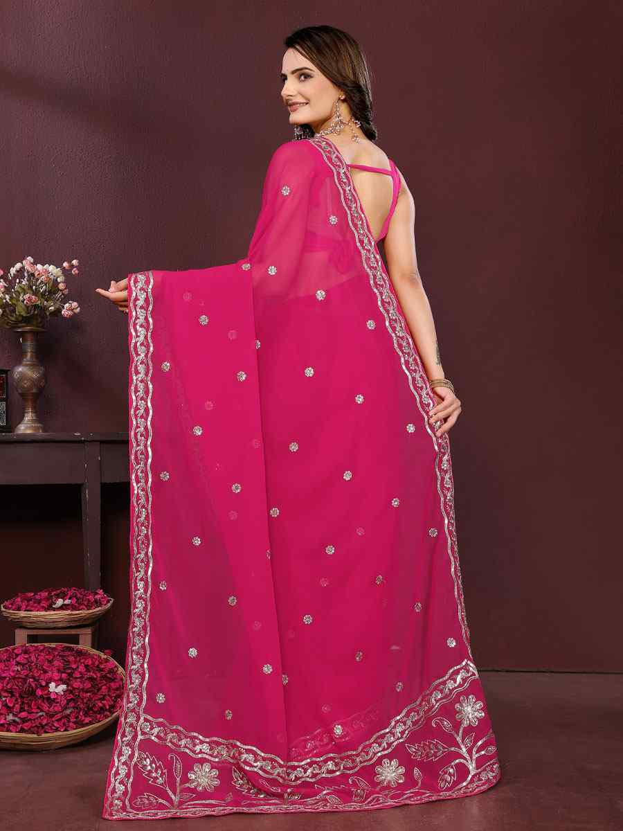 Pink Georgette Embroidery Party Bridal Reception Festival Wedding Fancy Heavy Border Saree