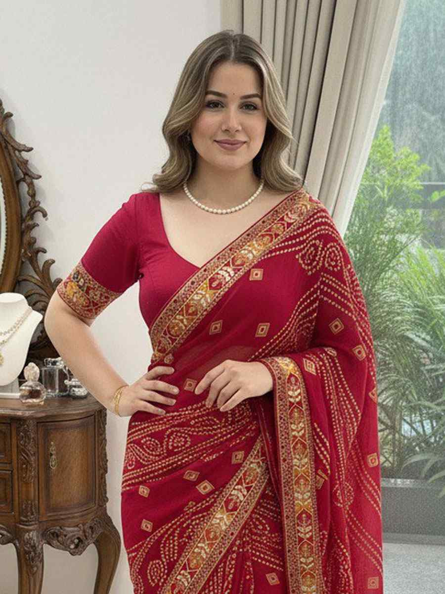 Pink Georgette Embroidery Printed Casual Reception Festival Wedding Fancy Classic Style Sarees
