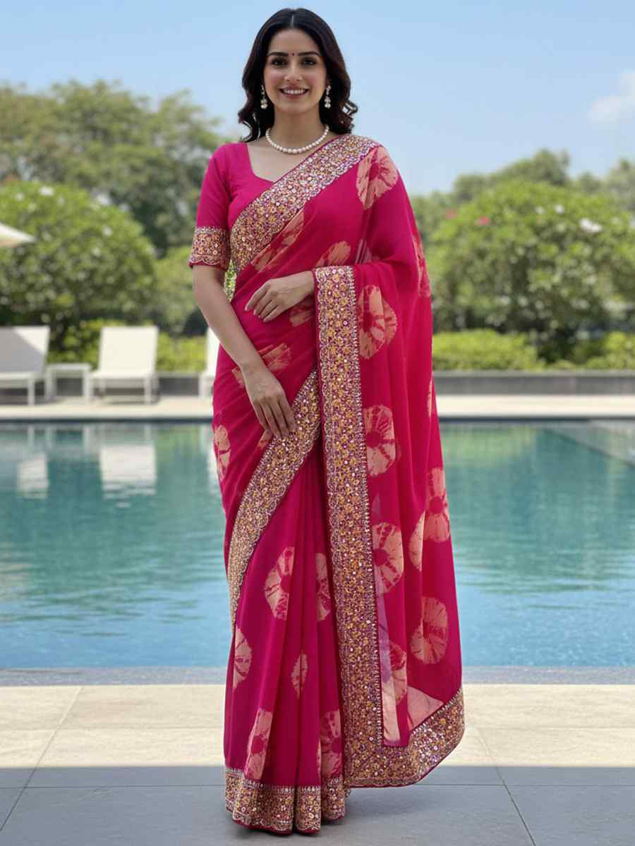 Pink Georgette Embroidery Printed Casual Reception Festival Wedding Fancy Heavy Border Sarees