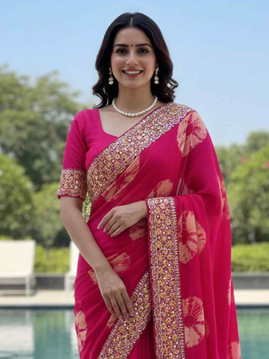 Pink Georgette Embroidery Printed Casual Reception Festival Wedding Fancy Heavy Border Sarees
