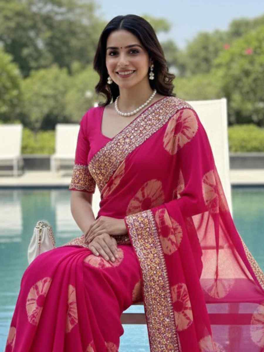 Pink Georgette Embroidery Printed Casual Reception Festival Wedding Fancy Heavy Border Sarees