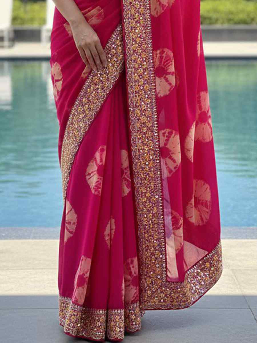 Pink Georgette Embroidery Printed Casual Reception Festival Wedding Fancy Heavy Border Sarees