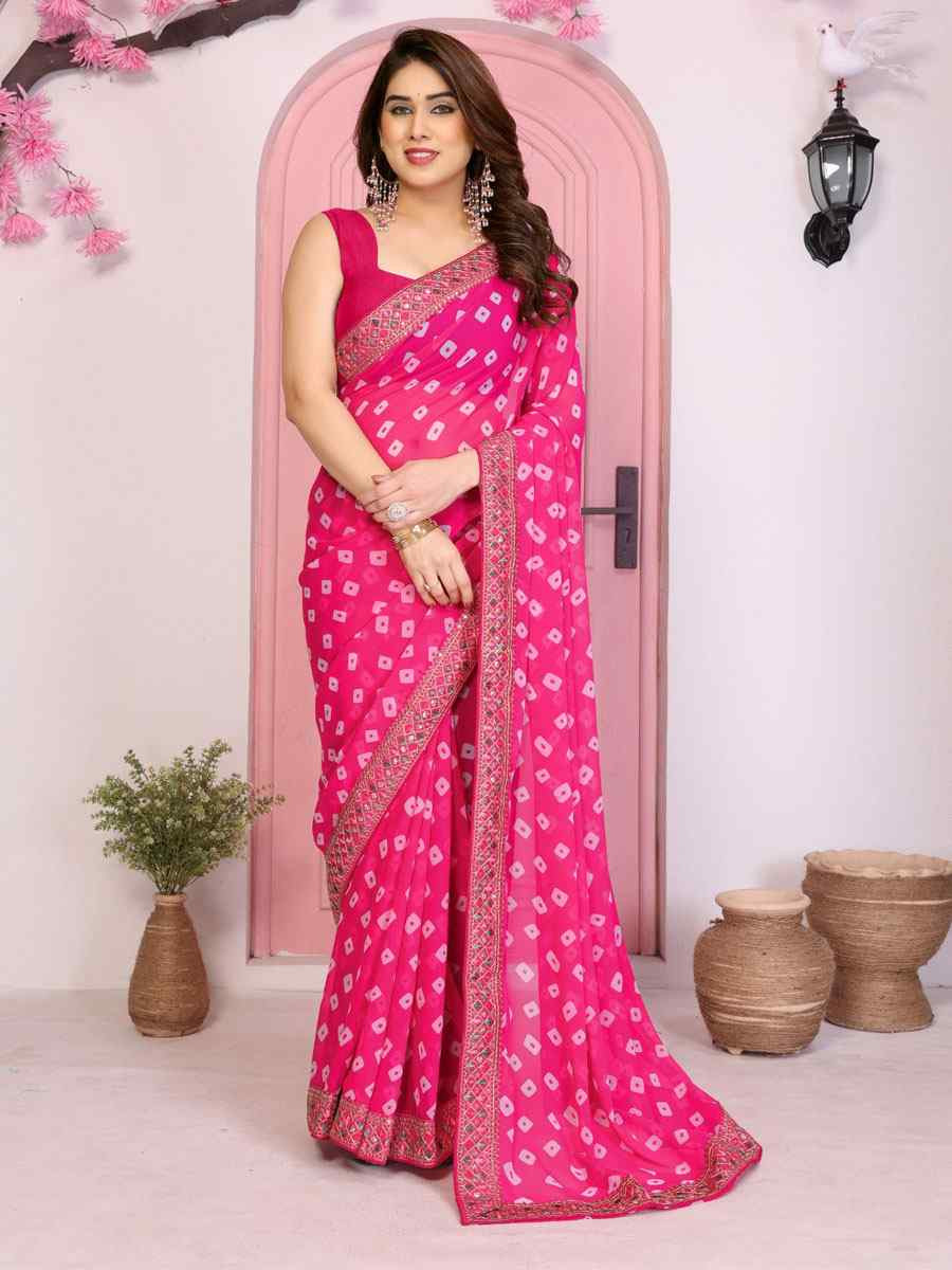 Pink Georgette Embroidery Printed Traditional Bridal Reception Festival Wedding Fancy Heavy Border Saree