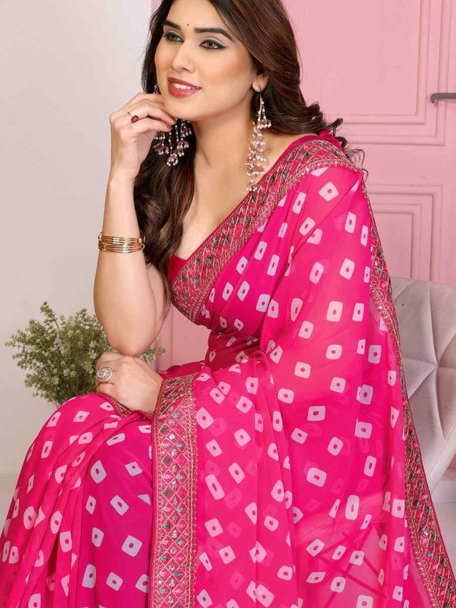 Pink Georgette Embroidery Printed Traditional Bridal Reception Festival Wedding Fancy Heavy Border Saree