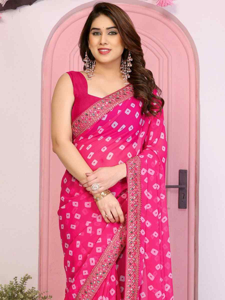 Pink Georgette Embroidery Printed Traditional Bridal Reception Festival Wedding Fancy Heavy Border Saree