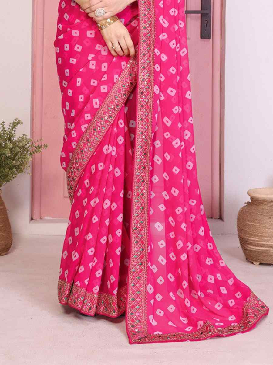 Pink Georgette Embroidery Printed Traditional Bridal Reception Festival Wedding Fancy Heavy Border Saree