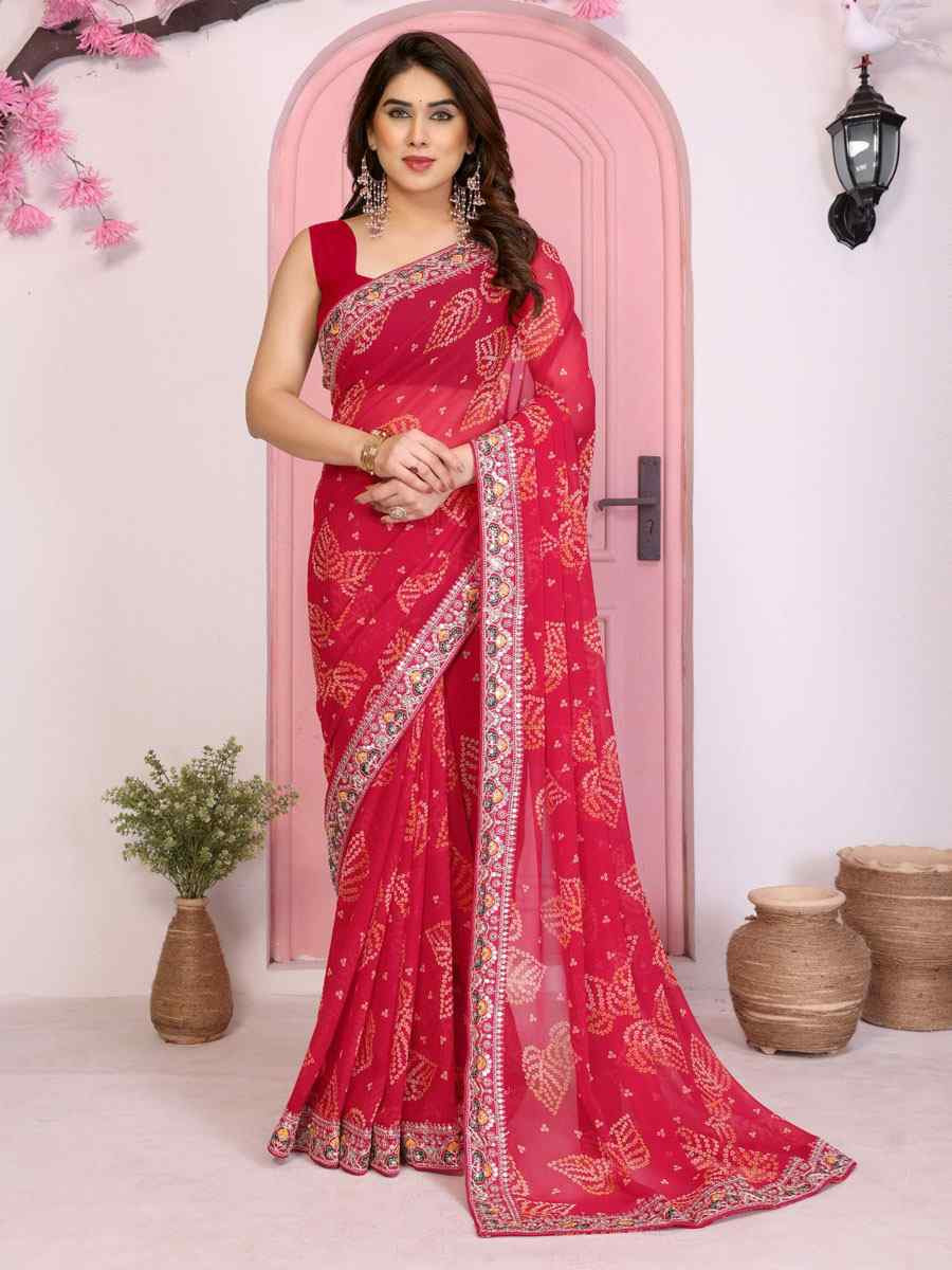 Pink Georgette Embroidery Printed Traditional Bridal Reception Festival Wedding Fancy Heavy Border Saree