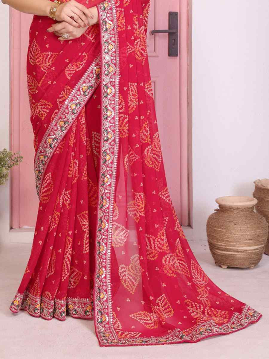 Pink Georgette Embroidery Printed Traditional Bridal Reception Festival Wedding Fancy Heavy Border Saree