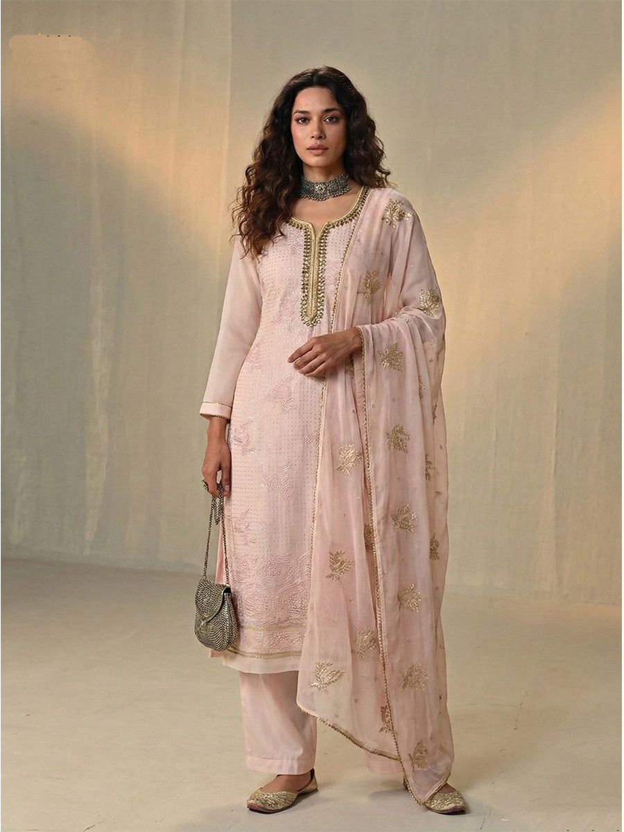 Pink Georgette Embroidery Sequins Wedding Party Festival Ready Pant Salwar Kameez
