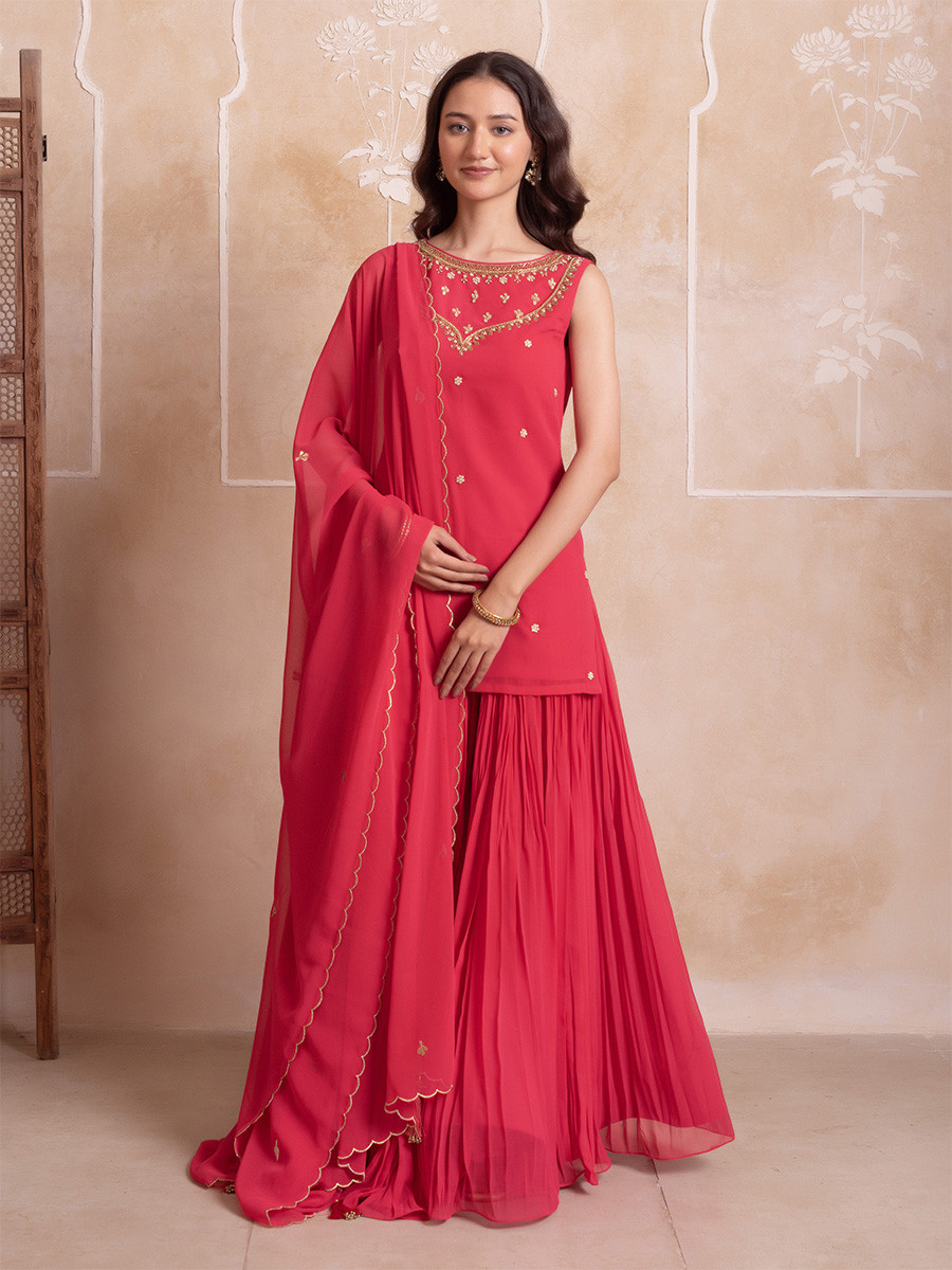 Pink Georgette Embroidery Wedding Party Festival Casual Ready Palazzo Pant Salwar Kameez