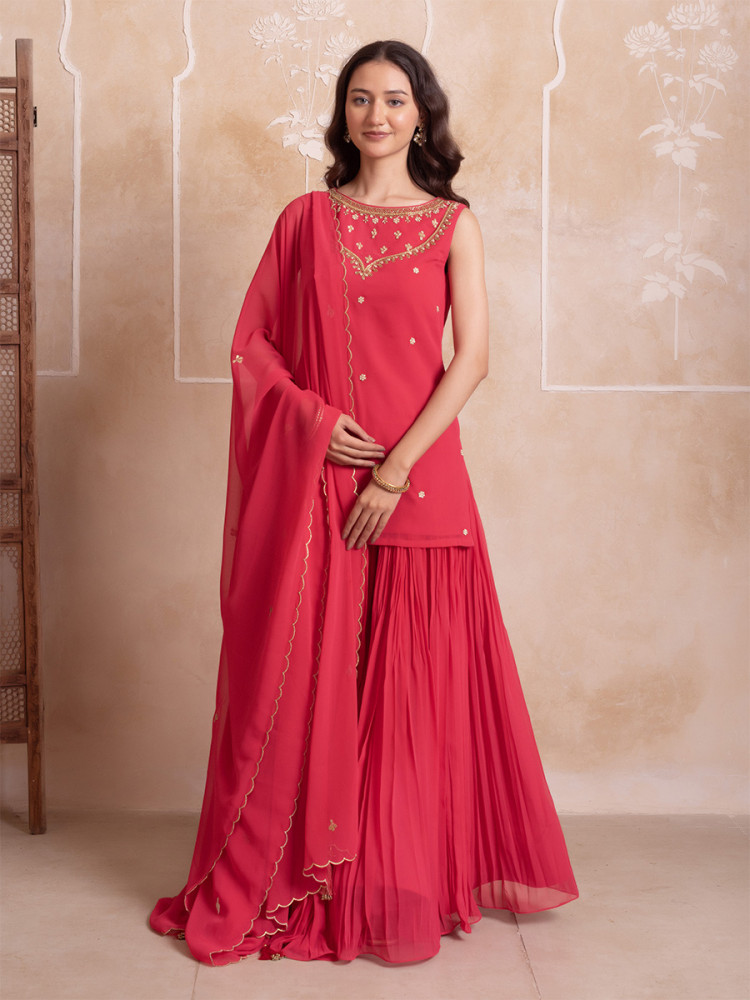 Image of Pink Georgette Embroidery Wedding Party Festival Casual Ready Palazzo Pant Salwar Kameez
