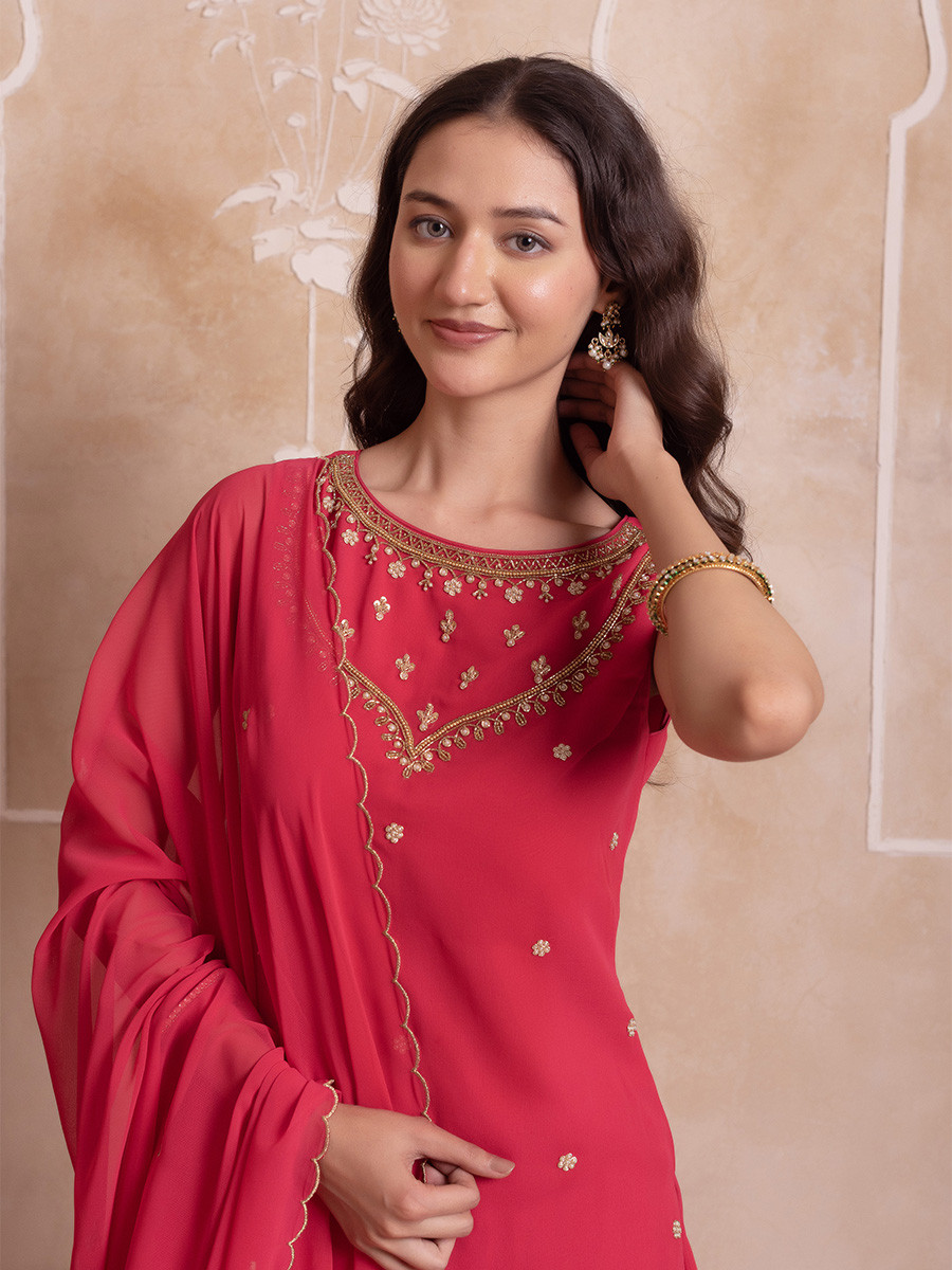 Pink Georgette Embroidery Wedding Party Festival Casual Ready Palazzo Pant Salwar Kameez