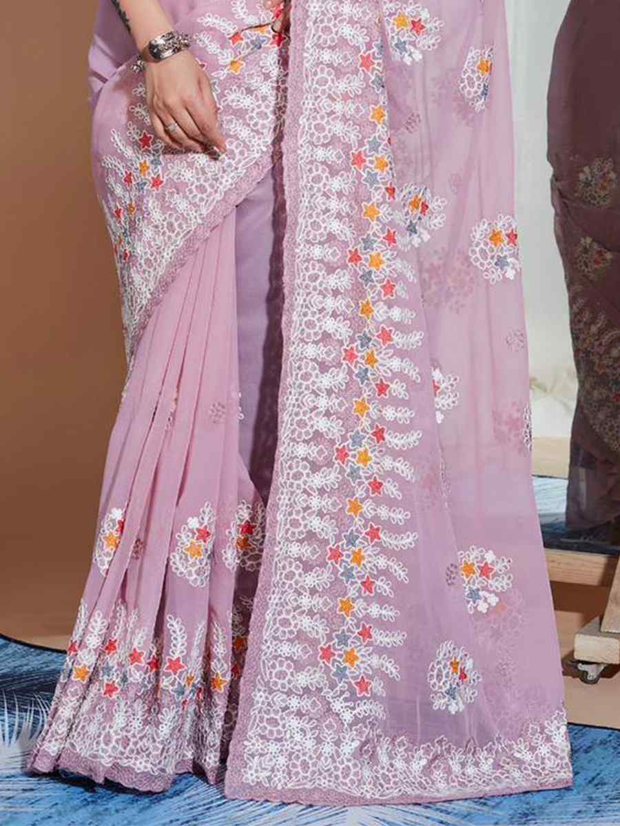 Pink Georgette Embroidery Wedding Reception Heavy Border Saree