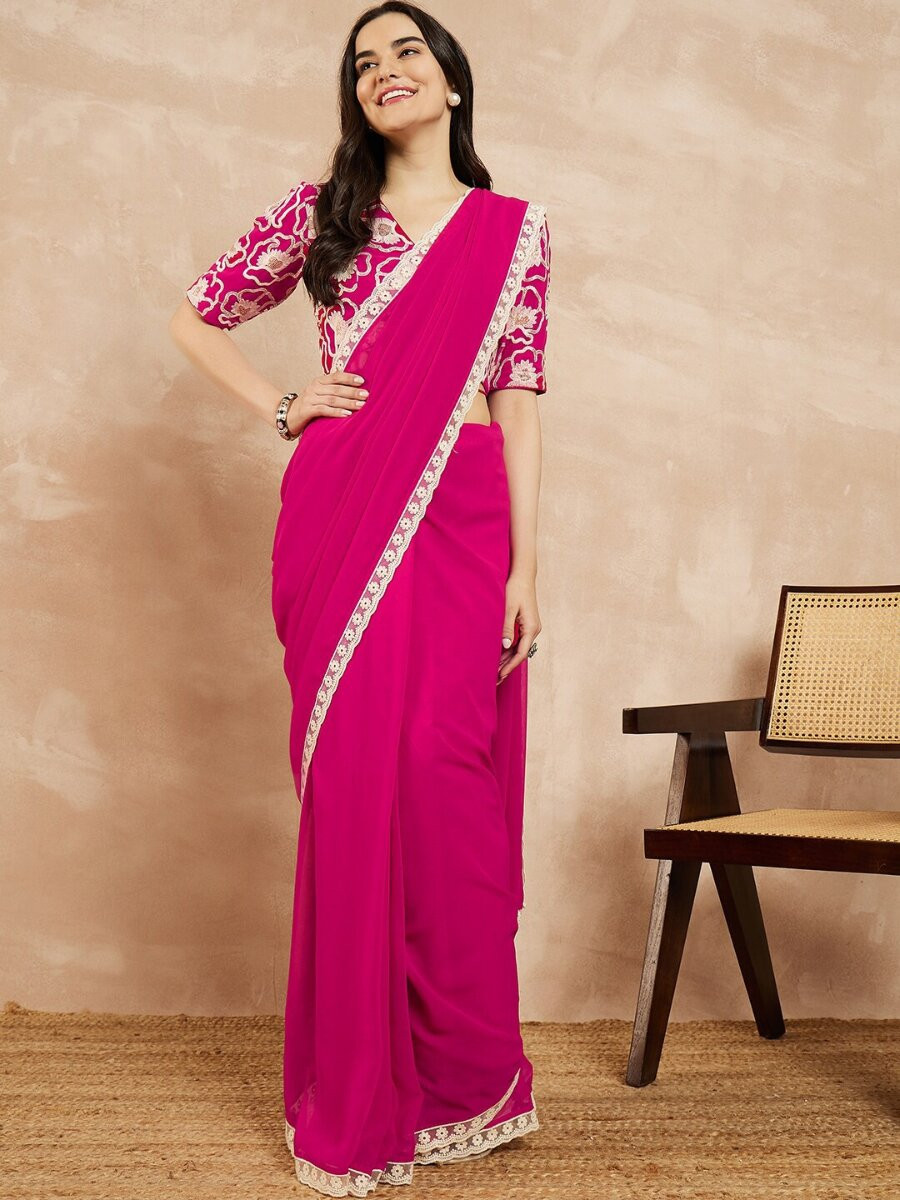 Pink Georgette Embroidery Wedding Reception Party Festival Casual Classic Style Sarees