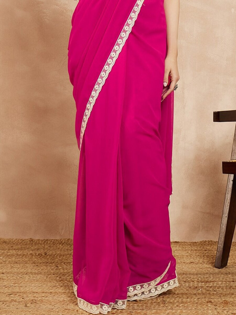 Pink Georgette Embroidery Wedding Reception Party Festival Casual Classic Style Sarees