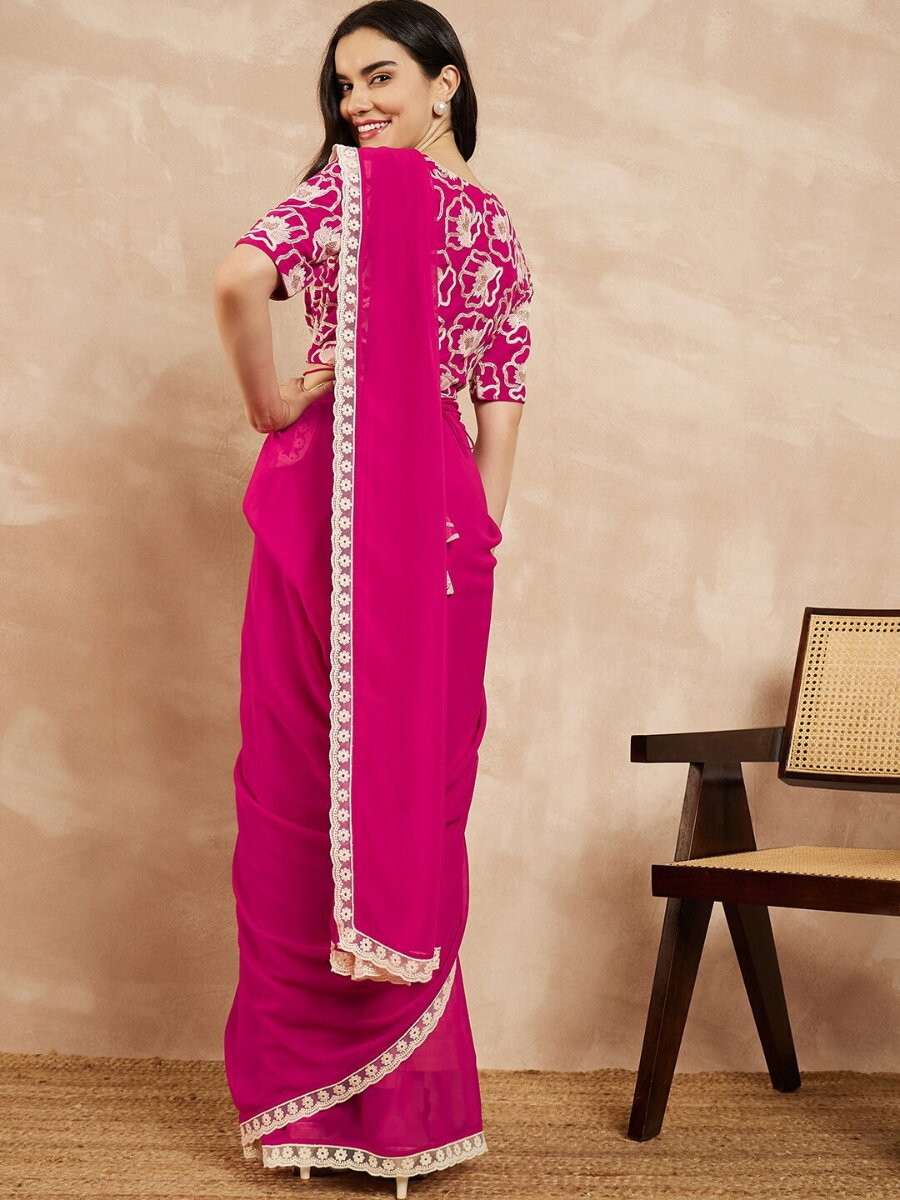 Pink Georgette Embroidery Wedding Reception Party Festival Casual Classic Style Sarees