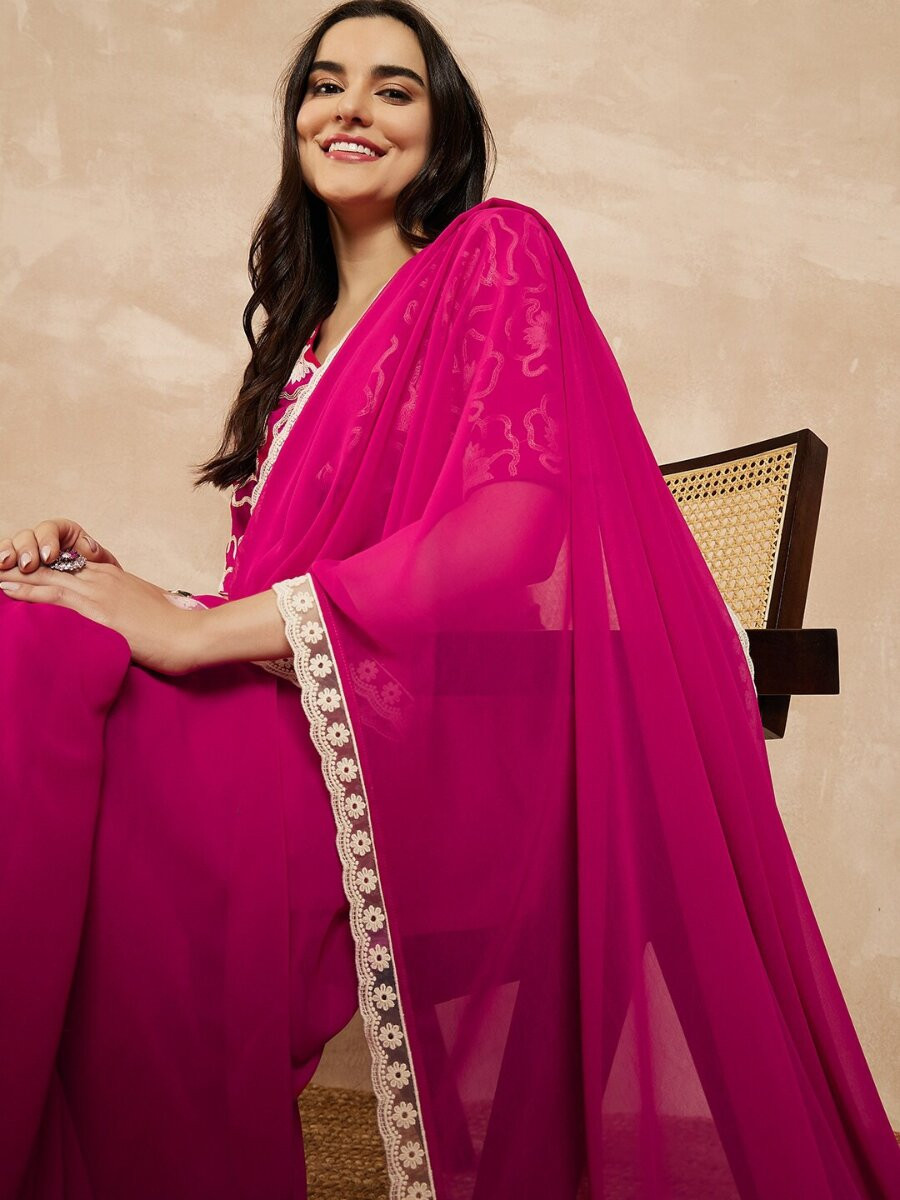 Pink Georgette Embroidery Wedding Reception Party Festival Casual Classic Style Sarees