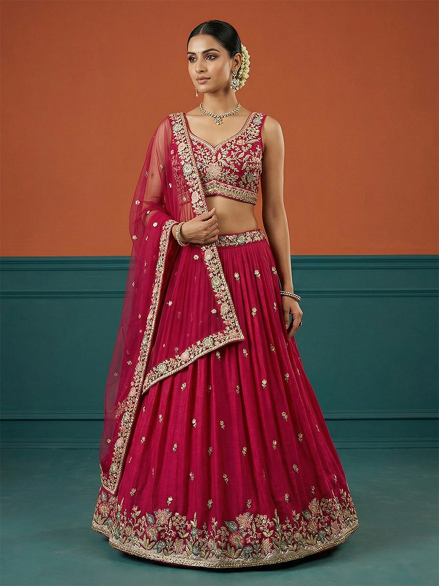 Pink Georgette Embroidery Wedding Reception Party Festival Heavy Border Lehenga Choli