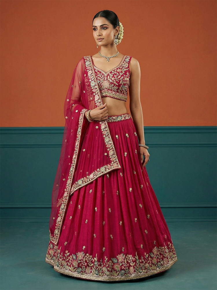 Image of Pink Georgette Embroidery Wedding Reception Party Festival Heavy Border Lehenga Choli