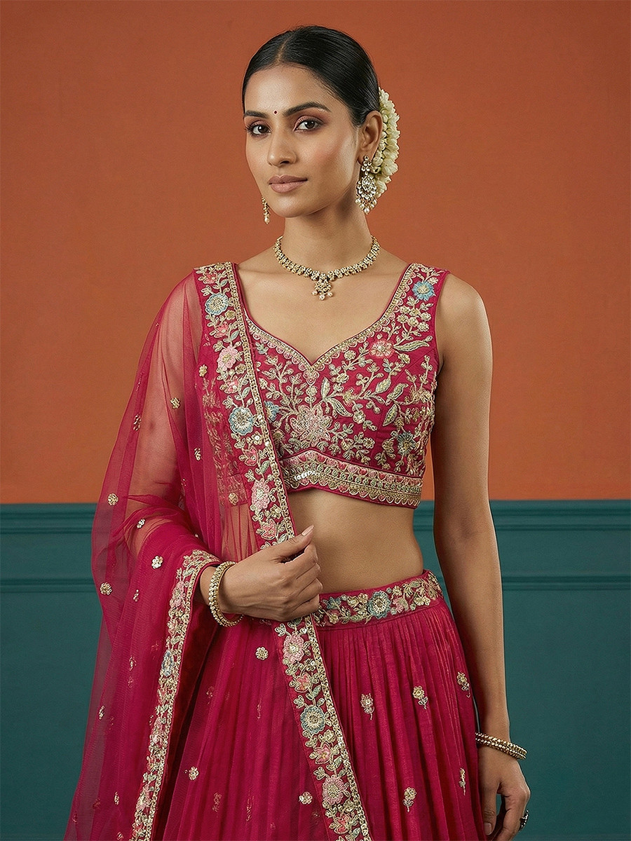 Pink Georgette Embroidery Wedding Reception Party Festival Heavy Border Lehenga Choli