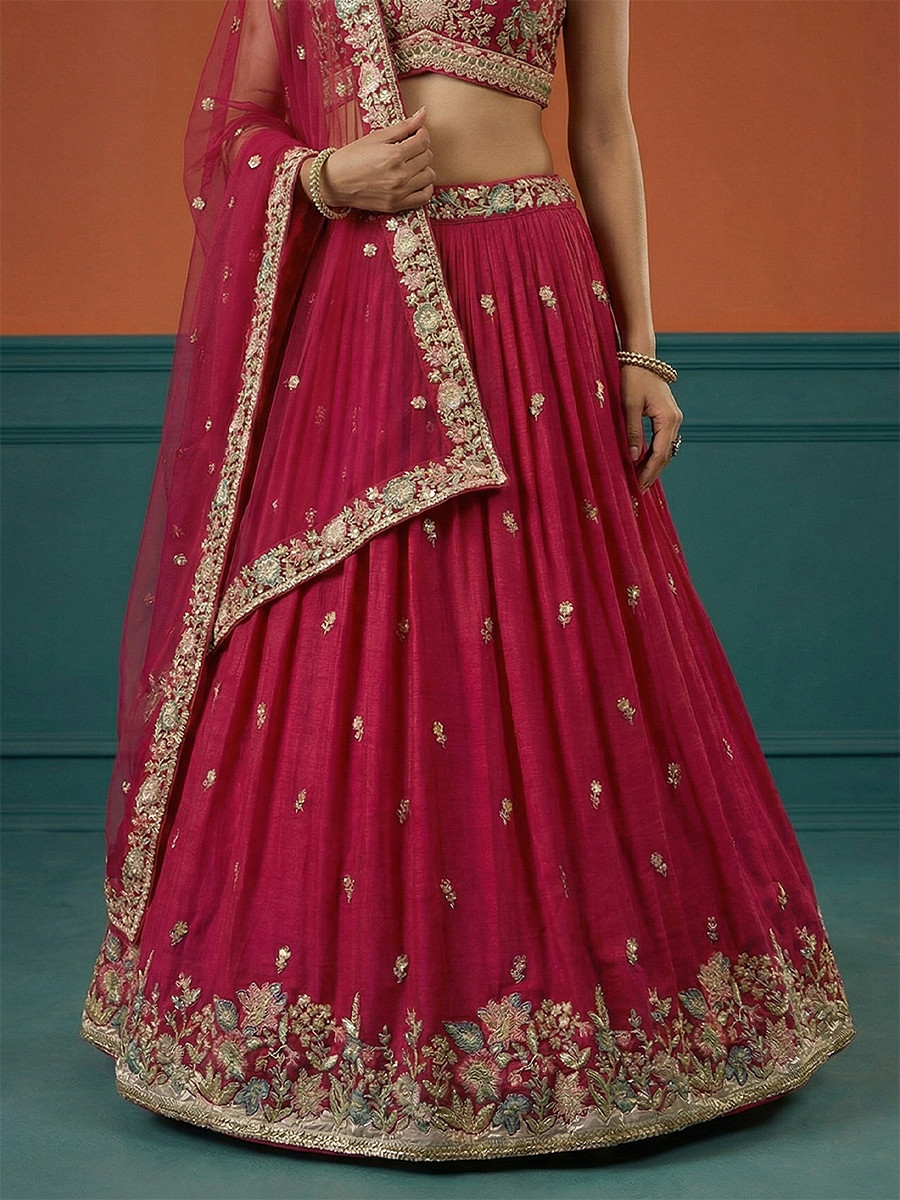 Pink Georgette Embroidery Wedding Reception Party Festival Heavy Border Lehenga Choli