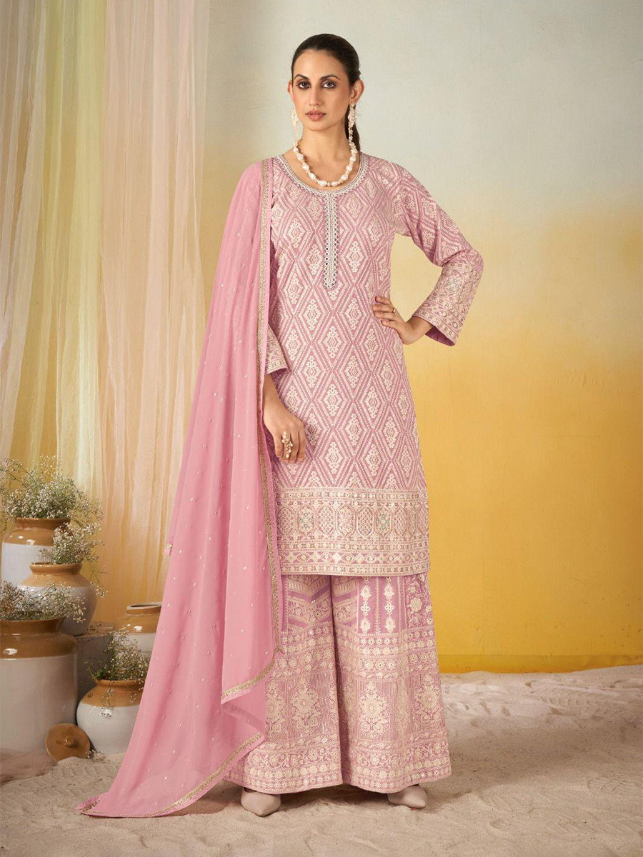 Pink Georgette Embroidery Zari Sequins Wedding Party Festival Casual Ready Palazzo Pant Salwar Kameez
