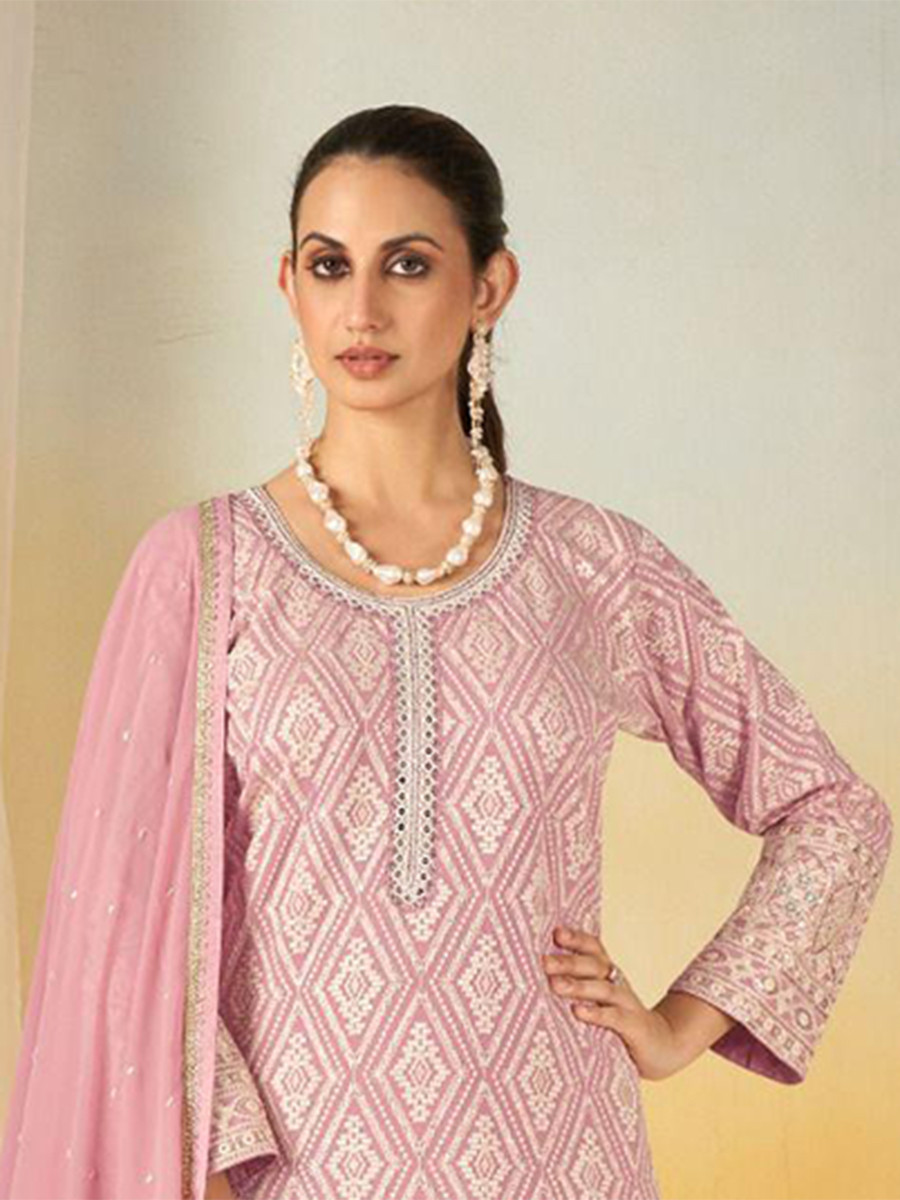 Pink Georgette Embroidery Zari Sequins Wedding Party Festival Casual Ready Palazzo Pant Salwar Kameez