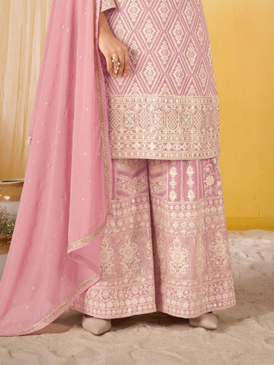 Pink Georgette Embroidery Zari Sequins Wedding Party Festival Casual Ready Palazzo Pant Salwar Kameez