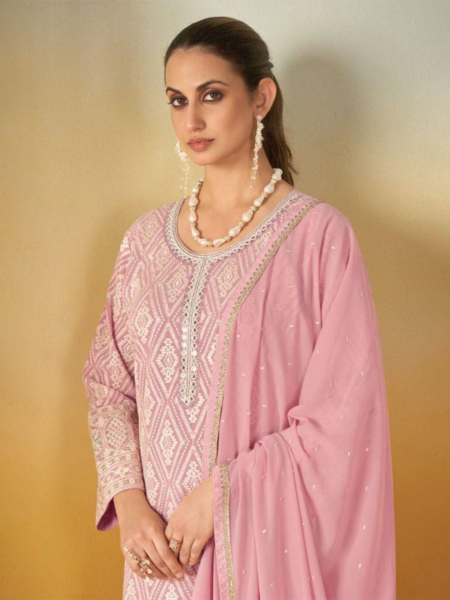 Pink Georgette Embroidery Zari Sequins Wedding Party Festival Casual Ready Palazzo Pant Salwar Kameez