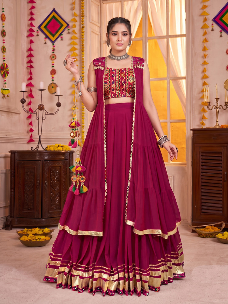 Image of Pink Georgette Gamthi Wedding Reception Festival Party Wear Circular Lehenga Choli