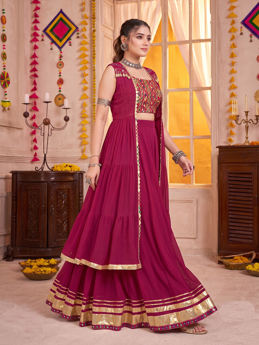Pink Georgette Gamthi Wedding Reception Festival Party Wear Circular Lehenga Choli