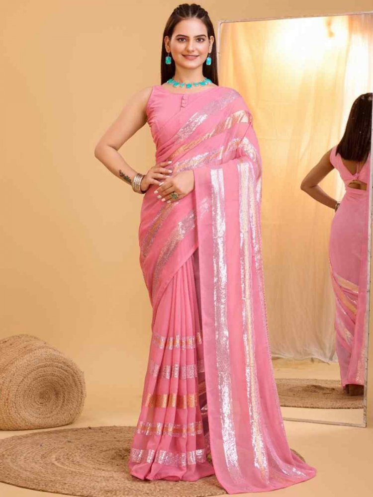 Pink Georgette Handwoven Casual Festival Classic Style Saree