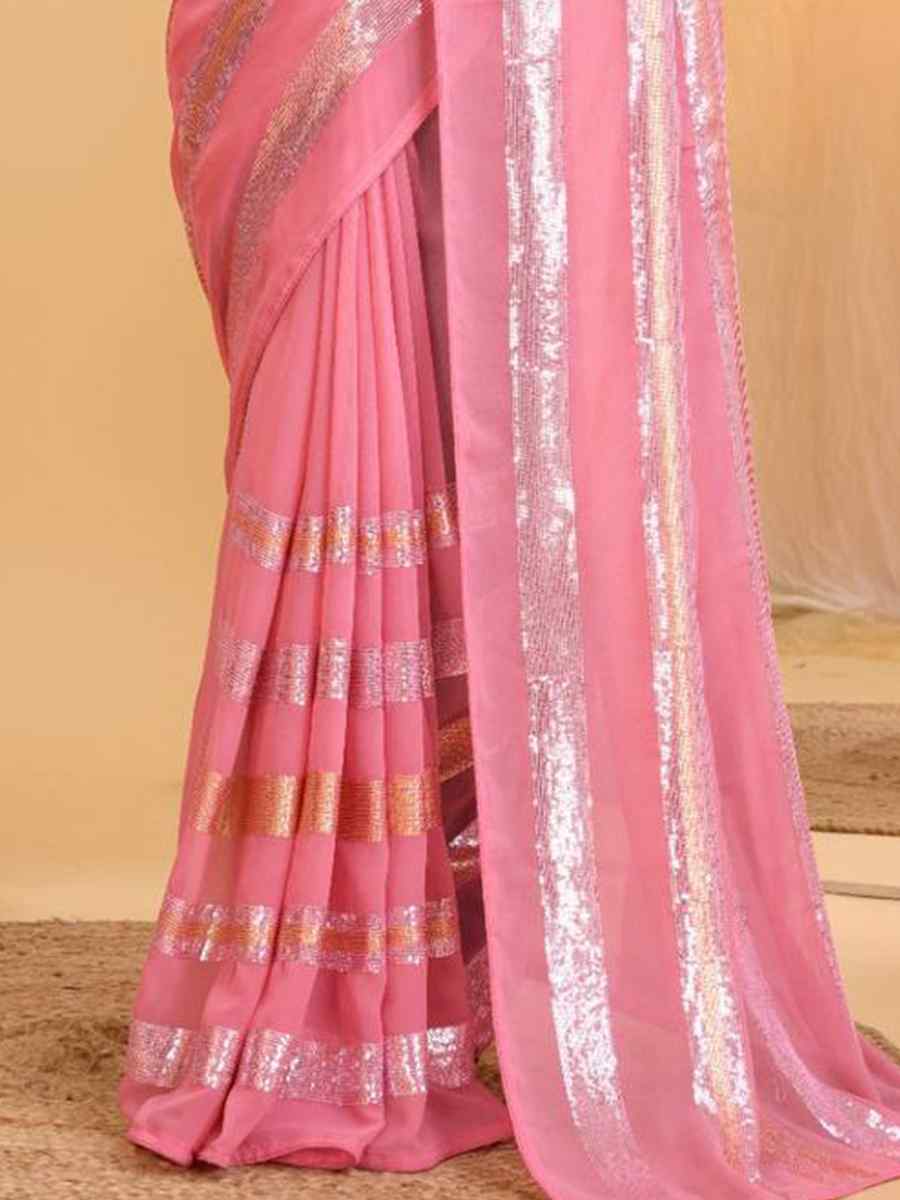 Pink Georgette Handwoven Casual Festival Classic Style Saree