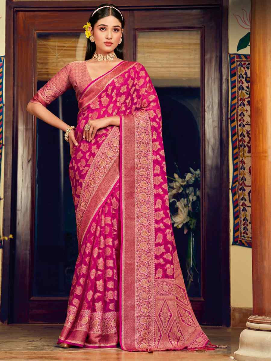 Pink Georgette Handwoven Festival Wedding Fancy Heavy Border Saree