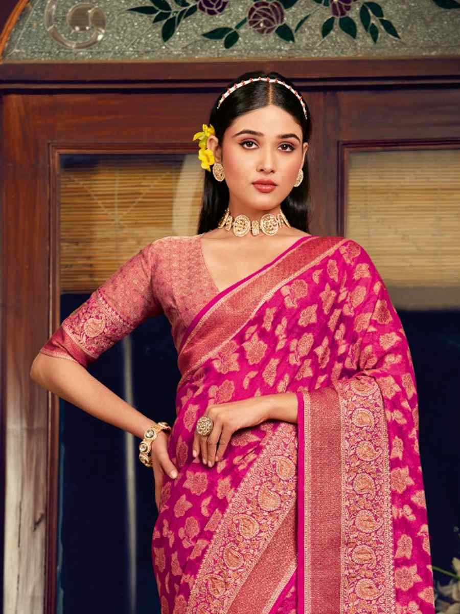 Pink Georgette Handwoven Festival Wedding Fancy Heavy Border Saree