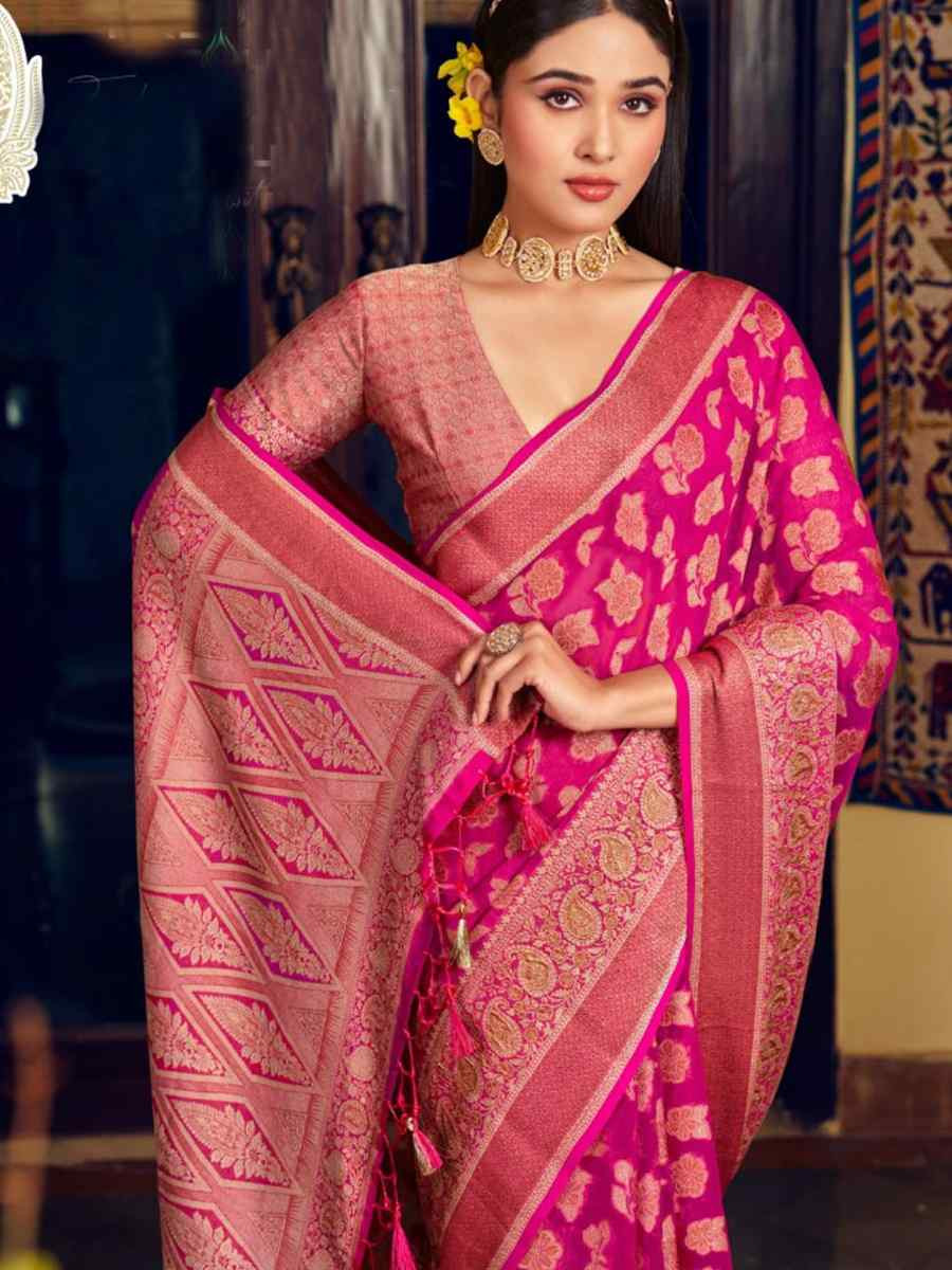 Pink Georgette Handwoven Festival Wedding Fancy Heavy Border Saree