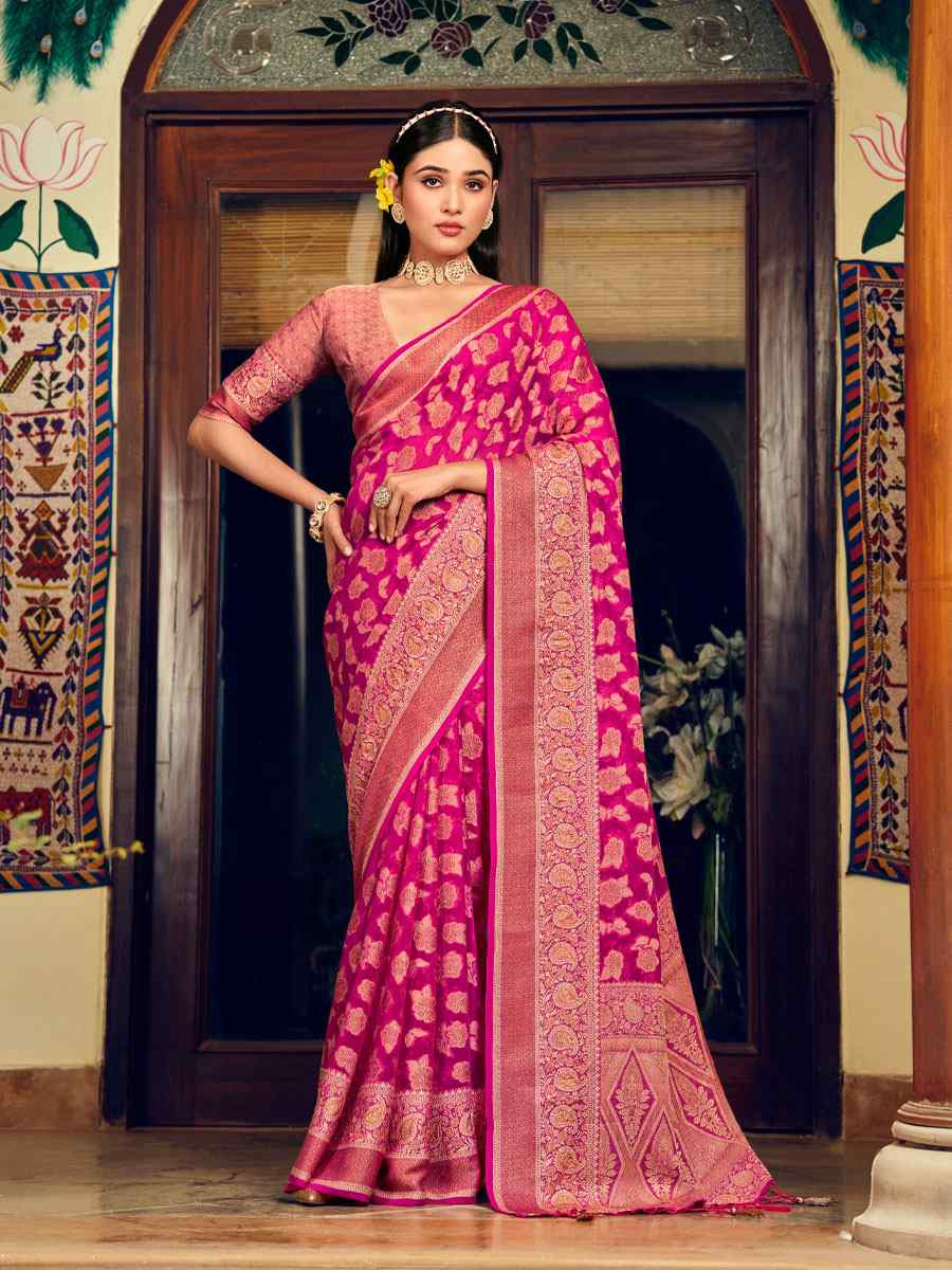 Pink Georgette Handwoven Festival Wedding Fancy Heavy Border Saree