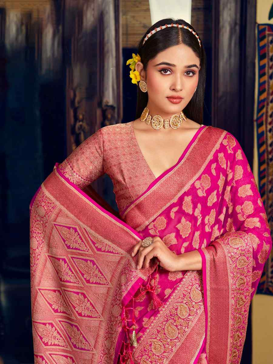 Pink Georgette Handwoven Festival Wedding Fancy Heavy Border Saree