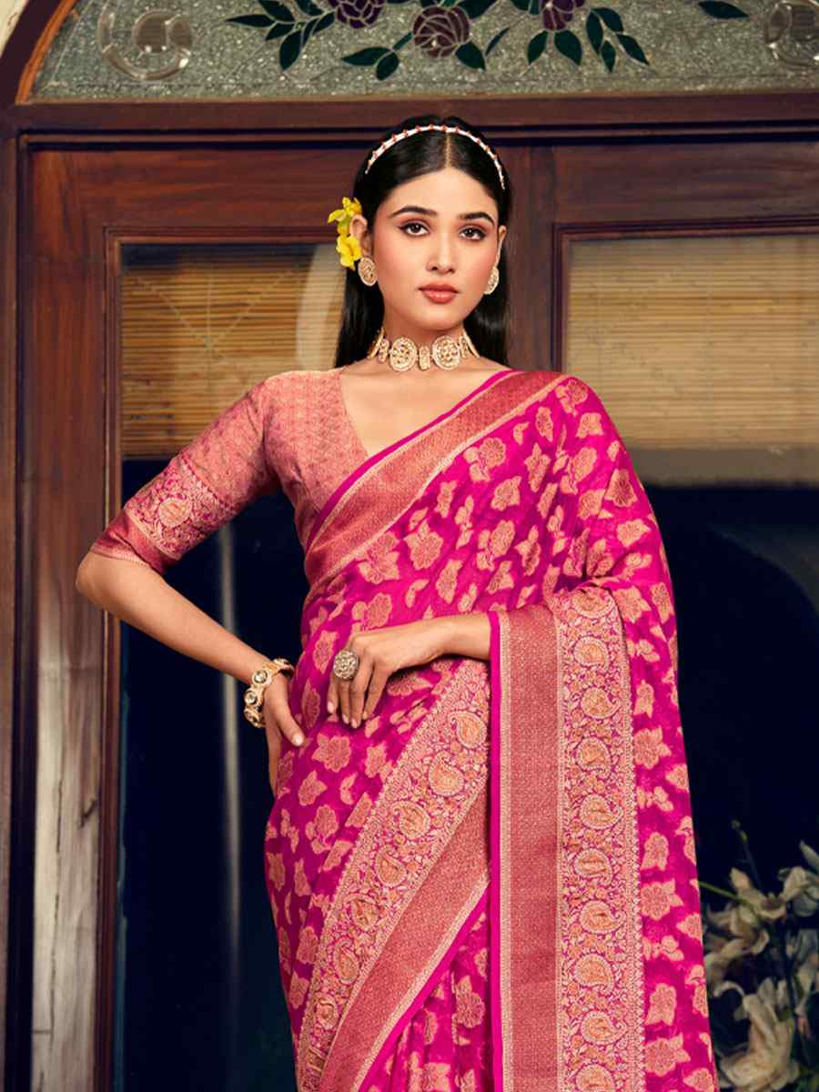 Pink Georgette Handwoven Festival Wedding Fancy Heavy Border Saree