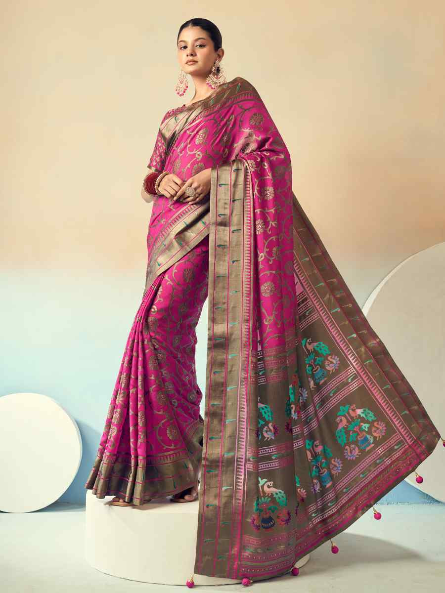 Pink Georgette Handwoven Festival Wedding Fancy Heavy Border Saree