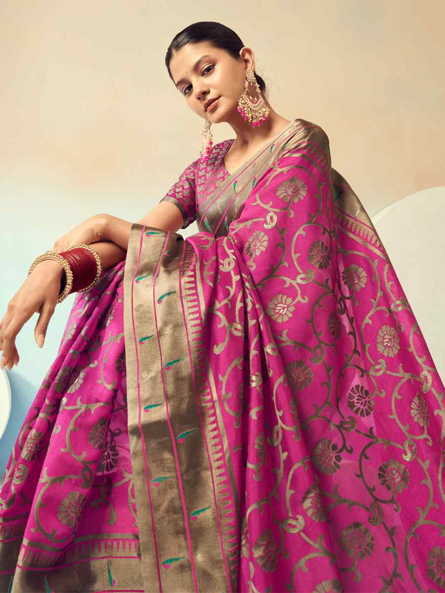 Pink Georgette Handwoven Festival Wedding Fancy Heavy Border Saree