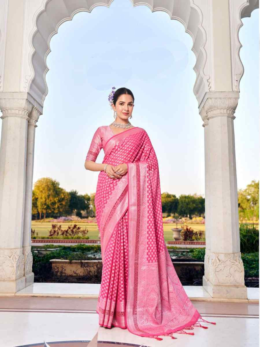 Pink Georgette Handwoven Zari Bridal Reception Festival Wedding Fancy Heavy Border Saree