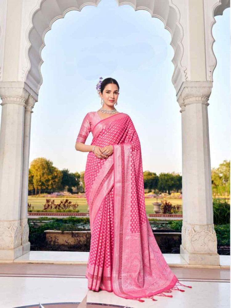Image of Pink Georgette Handwoven Zari Bridal Reception Festival Wedding Fancy Heavy Border Saree