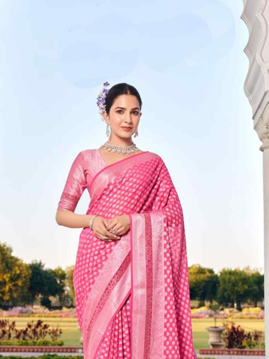Pink Georgette Handwoven Zari Bridal Reception Festival Wedding Fancy Heavy Border Saree