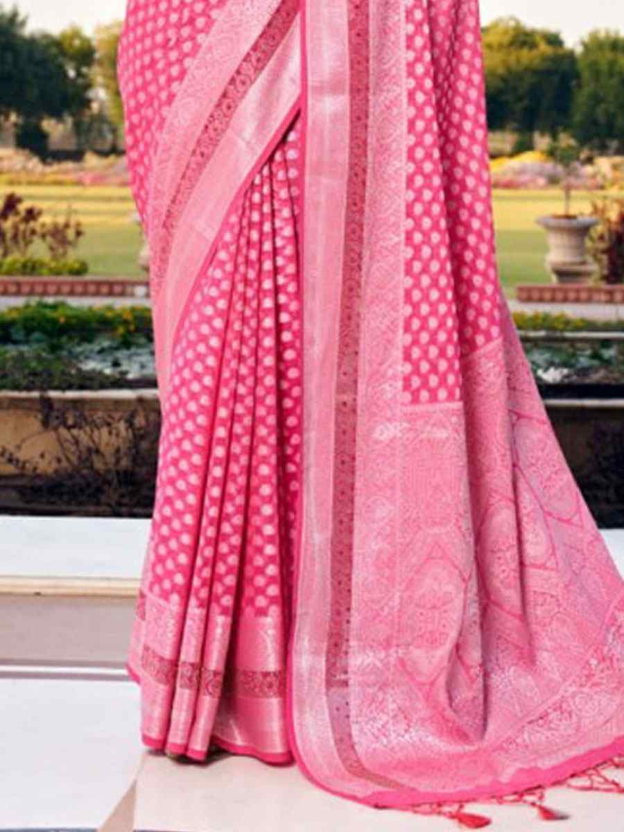 Pink Georgette Handwoven Zari Bridal Reception Festival Wedding Fancy Heavy Border Saree