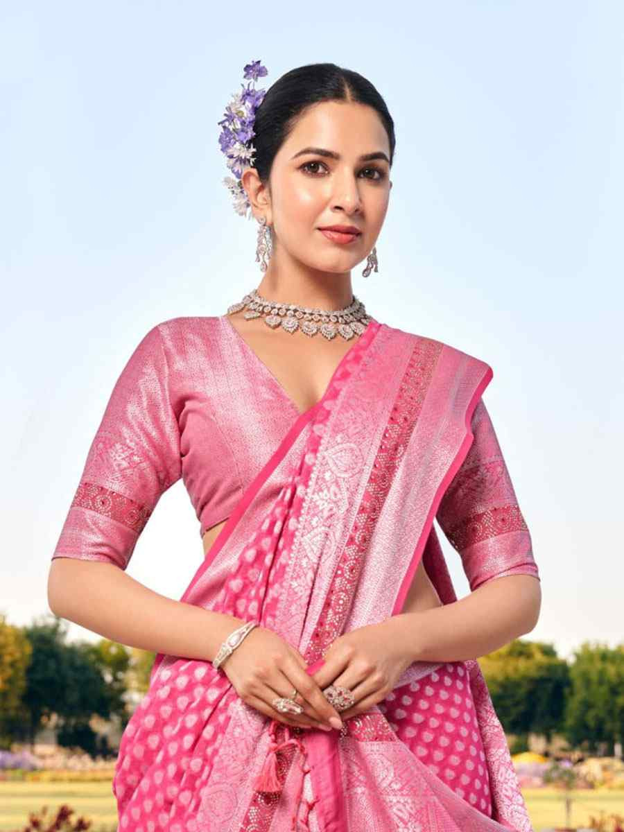 Pink Georgette Handwoven Zari Bridal Reception Festival Wedding Fancy Heavy Border Saree