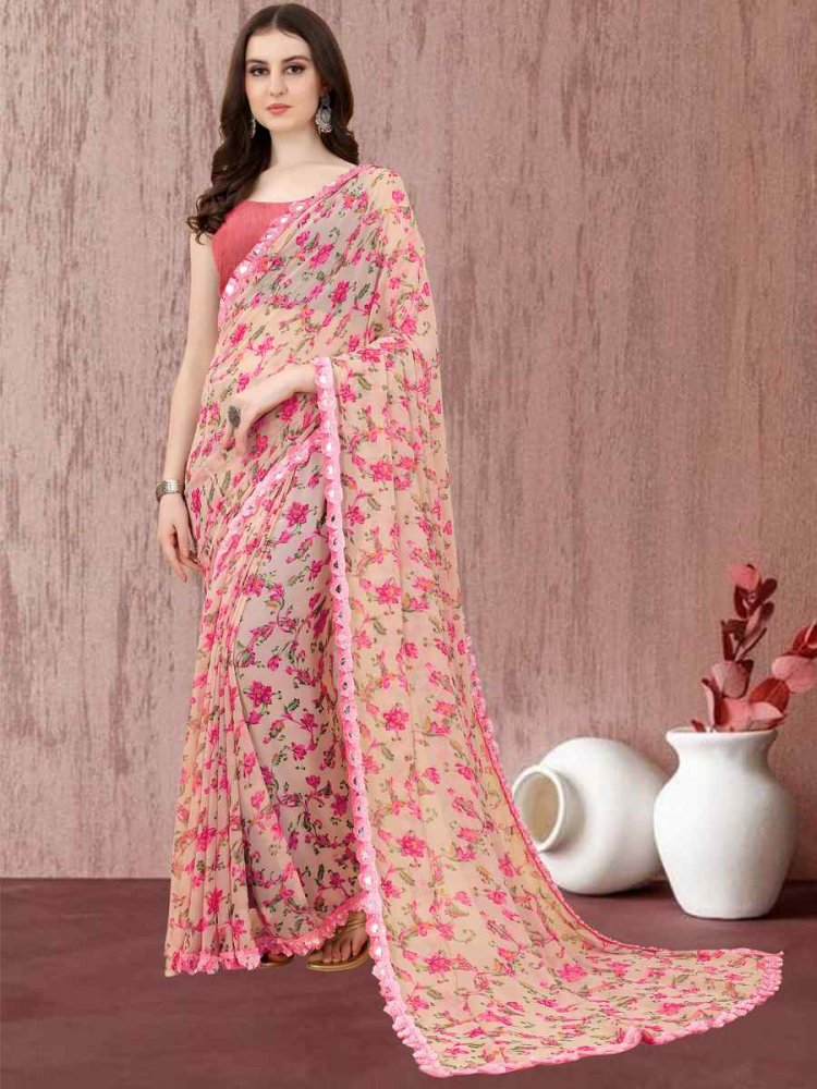 Pink Georgette Printed Casual Festival Contemporary Saree