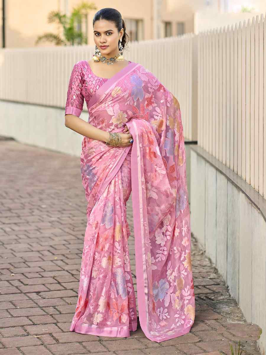 Pink Georgette Printed Casual Reception Festival Wedding Fancy Heavy Border Saree